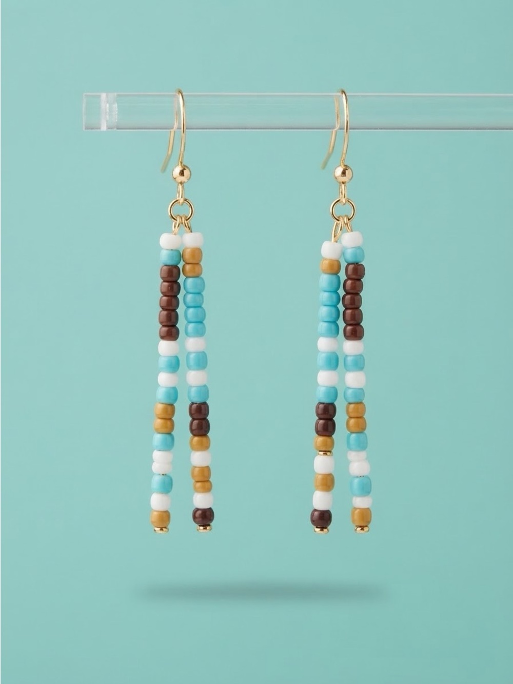 Handmade Gold-Hook Beaded Drop Earrings in Turquoise, White & Brown